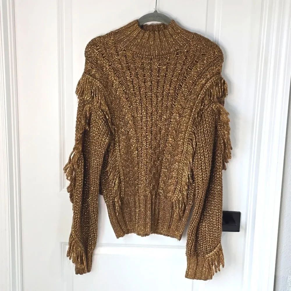 Express Metallic Bronze Brown Gold Fringe Mock Neck Sweater - Size Small